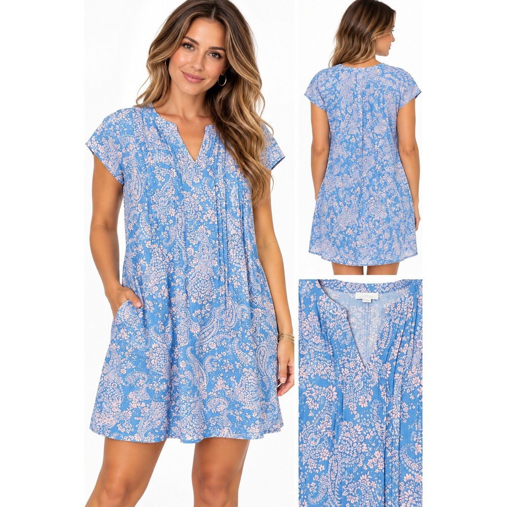 J. Jill Linen Dress Blue Paisley Floral Pintuck Shift Petite L Pockets Summer
